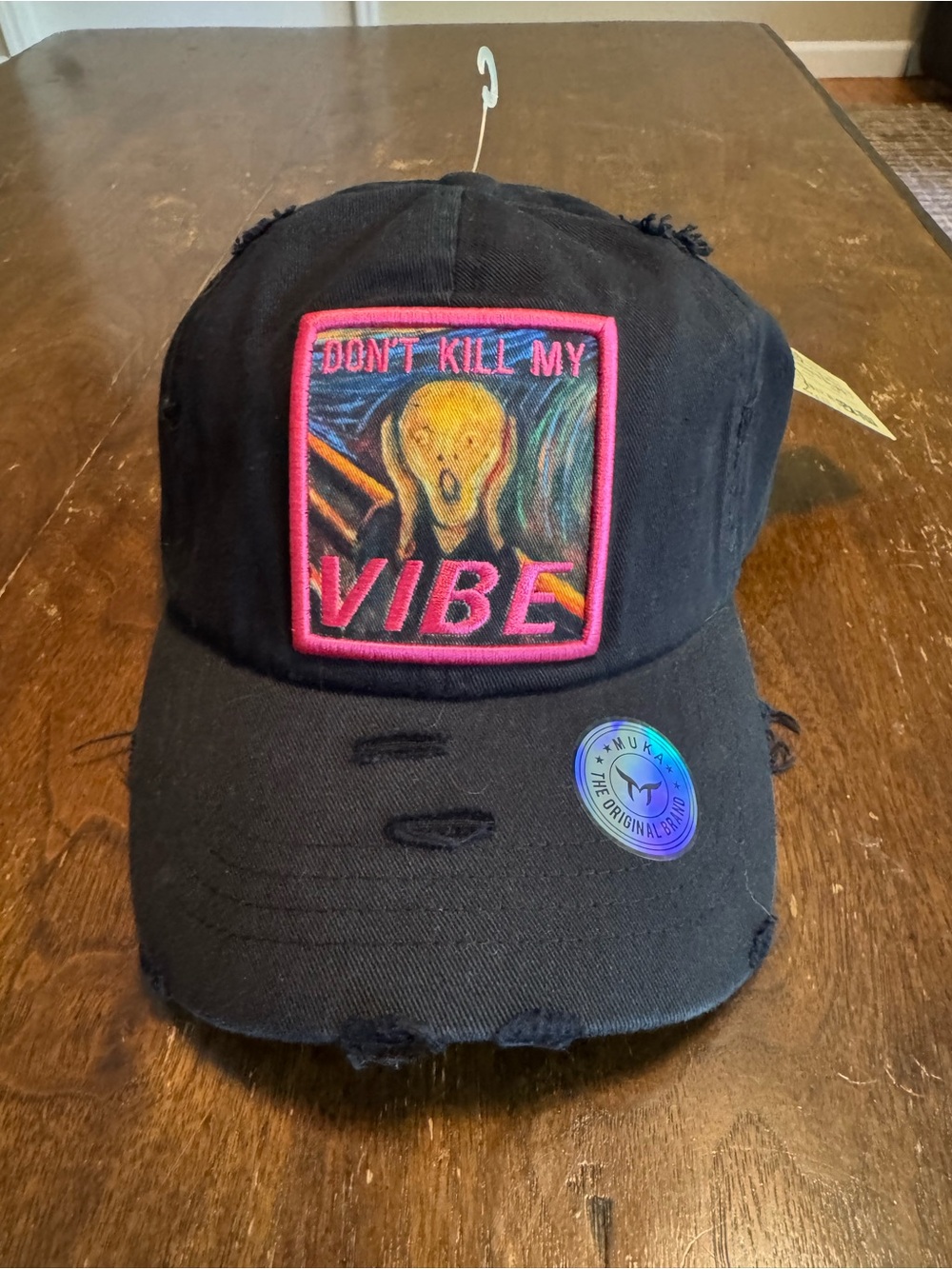 Mi:ka NWT Don’t Kill My Vibe Distressed Trucker Hat Black Patch